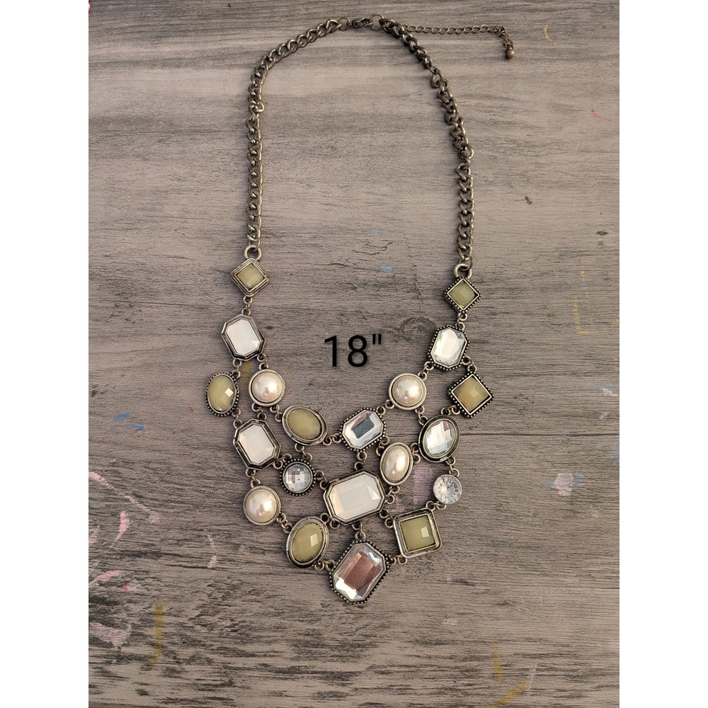 Vintage Style Multi Strand Bib Necklace Faux Pearl Crystal Gold Tone 18 Inch